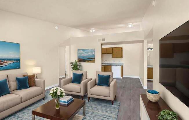 A living room with a couch, chairs, and a coffee table.