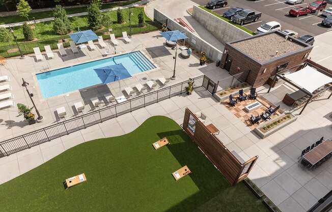 Aerial View of Pool and Patio at The McMillan Apartments in Shoreview, MN 55126