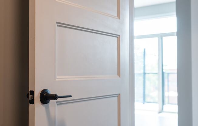 a white door with a black door handle and a window