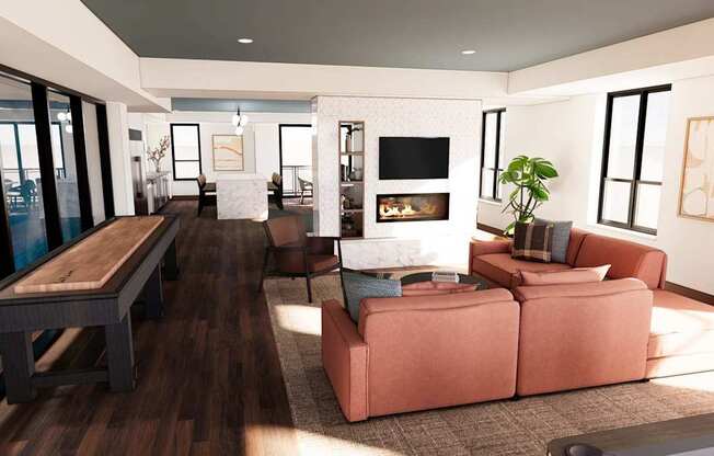 A modern living room with a fireplace and a large sectional sofa.