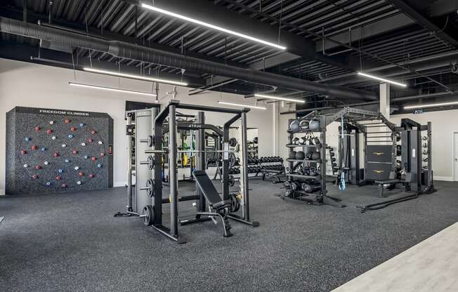 a gym with weights machines and a rock wall