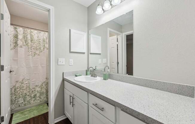 A bathroom with a sink, mirror, and shower curtain.