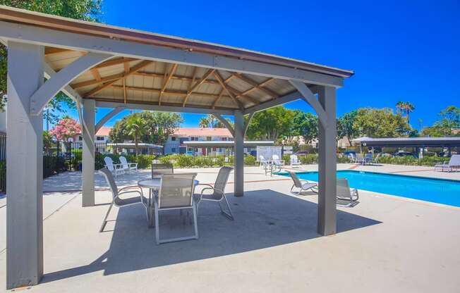 a patio with tables and chairs next to a swimming pool