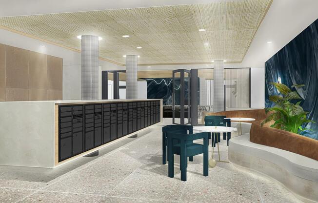 A welcoming mail lounge with bold textures, built-in seating, and a refined, modern finish.