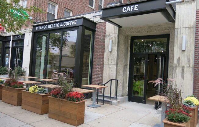 a view of the front of the cafe from the sidewalk