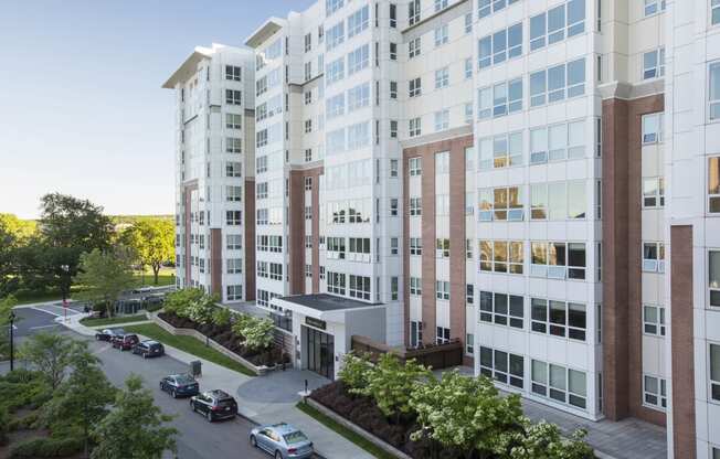 an aerial view of an apartment building on a city street at Amelia, Massachusetts