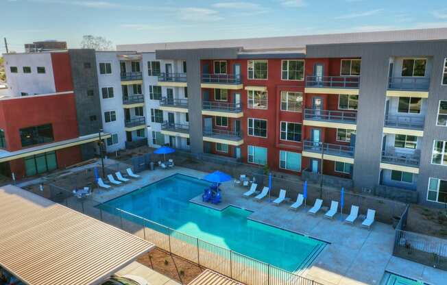 Pool aerial view at V on Broadway Apartments in Tempe AZ November 2020