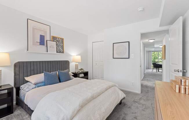 a bedroom with a bed and a closet