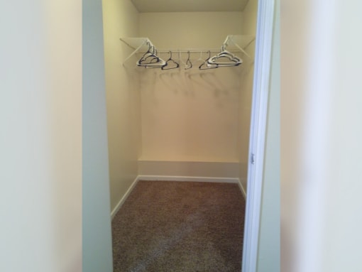 a walk in closet with hooks and a carpet