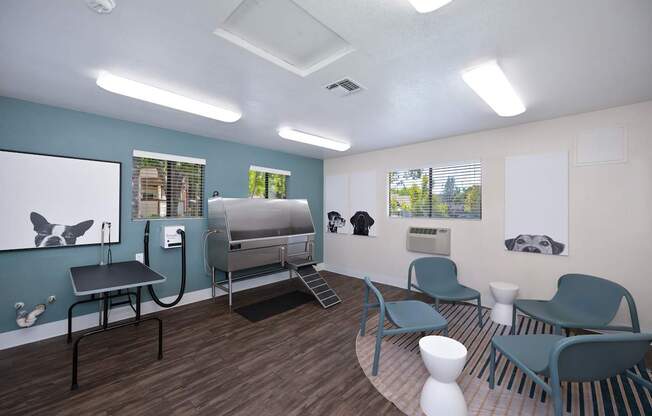 A room with a blue wall and a whiteboard on the wall.