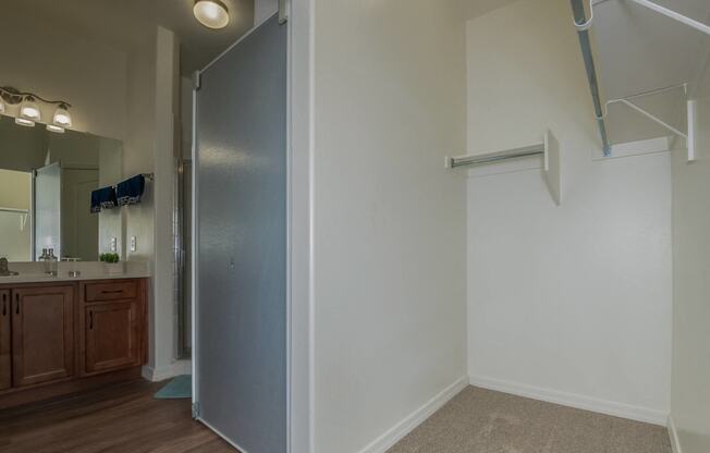 a bathroom with a shower and a sink and a mirror
