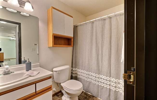 A bathroom with a shower toilet and sink and a mirror. Fargo, ND Eagle Run Apartments.