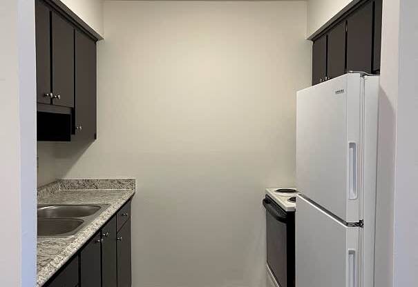 A kitchen with a white fridge and black cabinets.