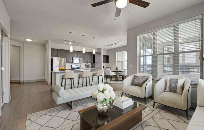 Modern Living Room with a kitchen at Civic at Frisco Square Apartments, Frisco, TX, Texas, 75034