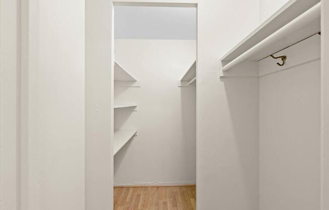 a room with white walls and a closet with shelves