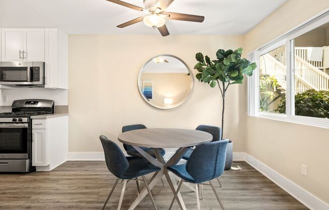 Marina Del Rey, CA Apartments for Rent - Casa De Marina - Dining Room with Round Dinner Table, Blue Chairs, Tall Potted Plant, and Ceiling Fan