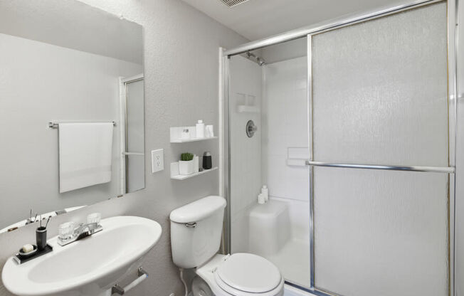 a bathroom with a sink toilet and a shower