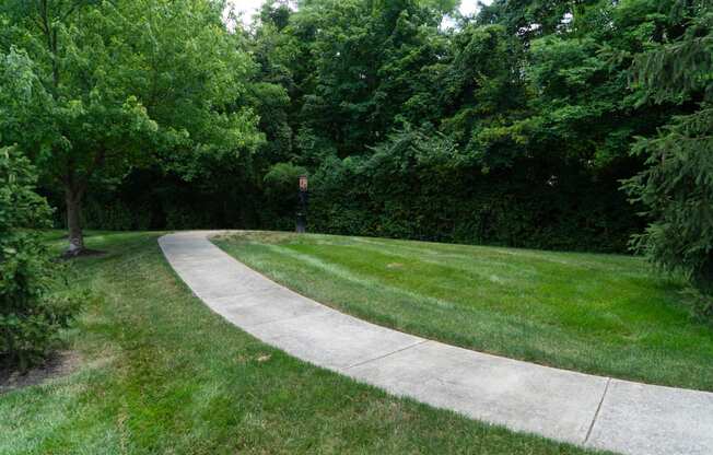 a sidewalk through a park with grass and trees