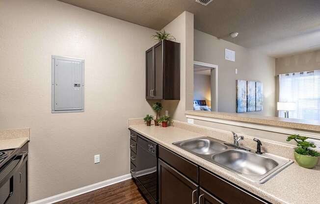 A kitchen with a sink, stove, and cabinets.