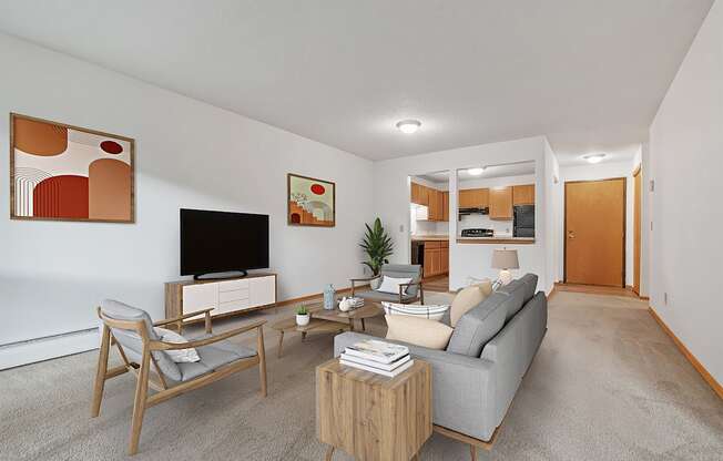 A living room with a grey couch, a wooden chair, a television, and a potted plant.