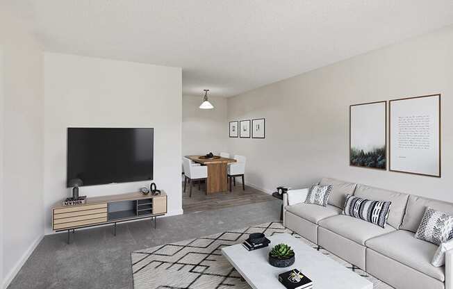 Model Living Room with Carpet and View of Dining Room at Walnut Creek Apartments located in Walnut Creek, CA.