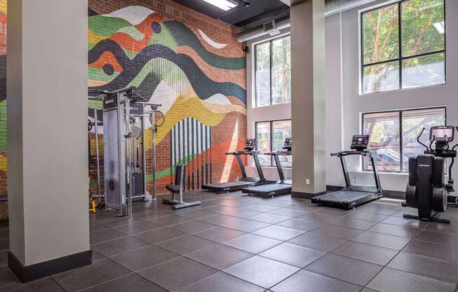 A gym with treadmills and exercise equipment.