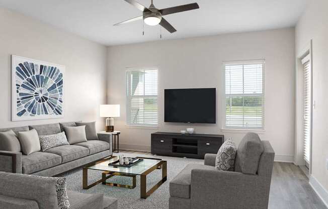 A living room with a grey couch, a coffee table, and a television.