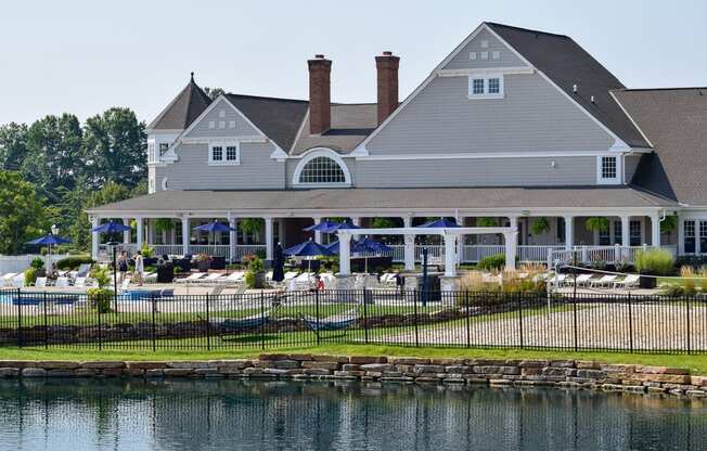 This is a picture of the the pool area from across a pond at Nantucket Apartments, in Loveland, OH.