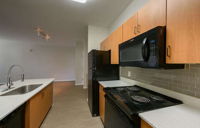 an empty kitchen with black appliances and a sink