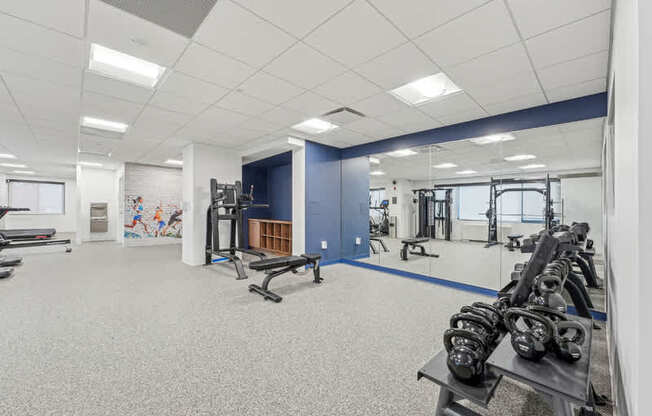 A gym with a variety of equipment including dumbbells and weight machines.