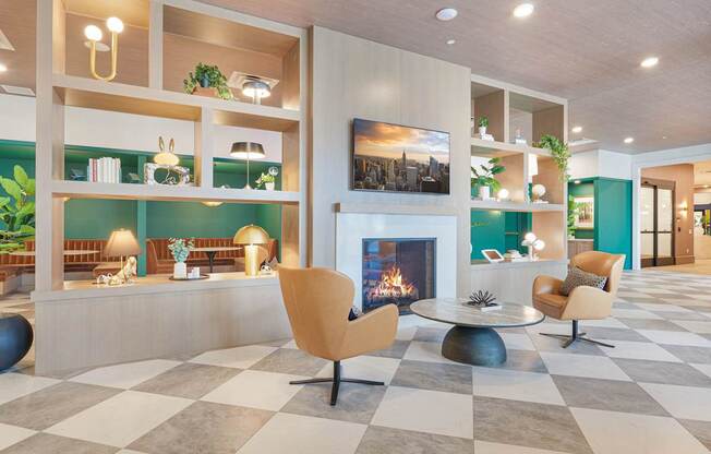 A modern living room with a fireplace and a checkered floor.