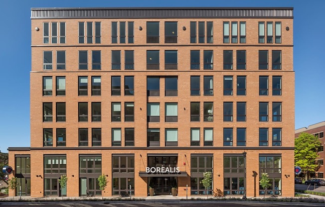 A large brick building with the word "Borealis" on the front.