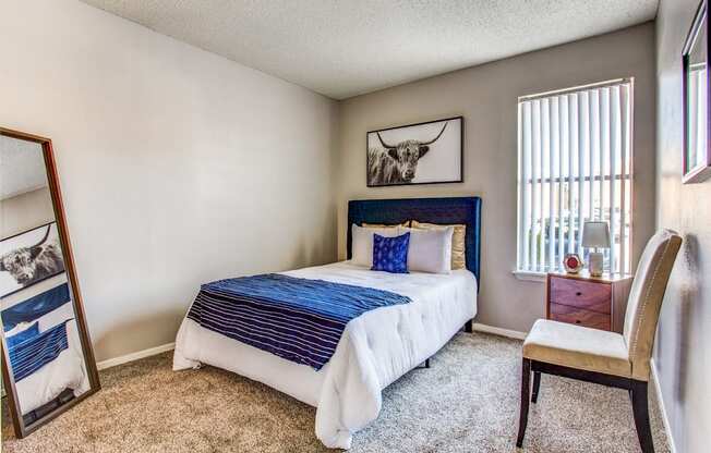 Dog-Friendly Apartments In Fort Worth, TX - Monarch Pass - Spacious Bedroom With Plush Carpeting, Bed, Chair, Nightstand with Lamp, Standing Full-Body Mirror, And Window.