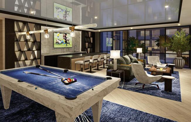 Expansive clubroom with wet bar, billiards, shuffleboard, and lounge areas.