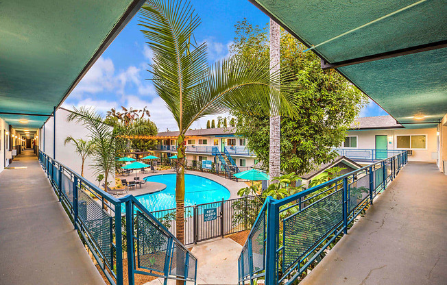 The Island Apartments view of pool from second floor walkway