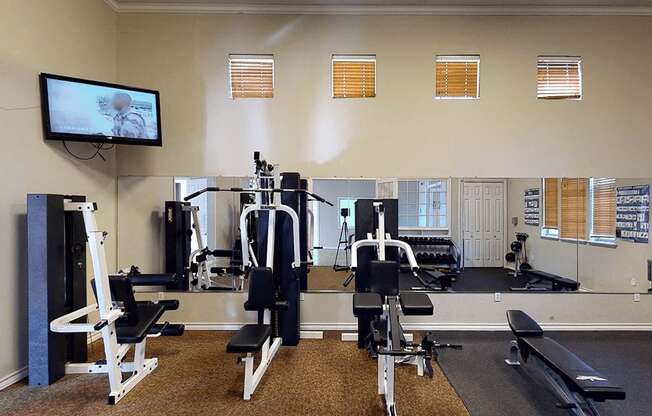 a gym with weights and a tv on the wall