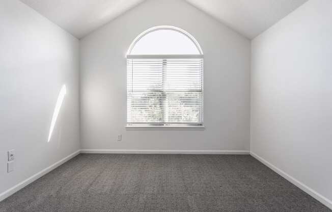 an empty room with a large arched window