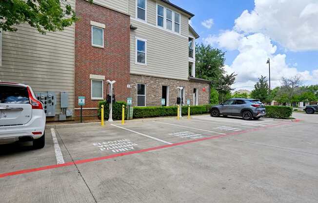 A parking lot with a red line painted on the ground.