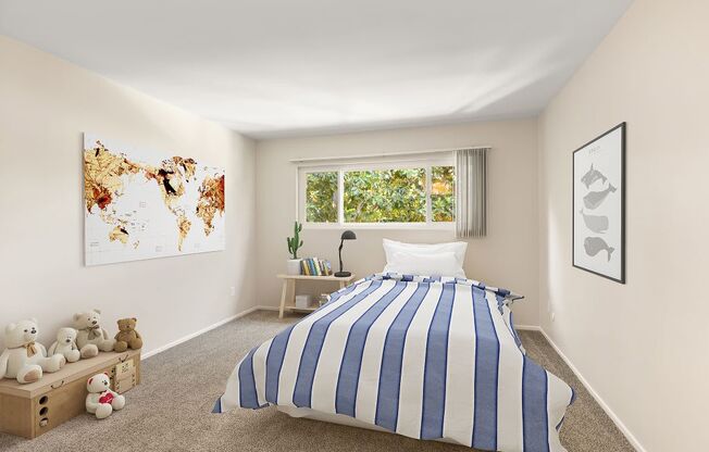 a bedroom with a bed and a window
