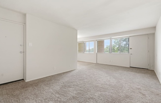 A large, empty room with carpeted flooring and white walls.
