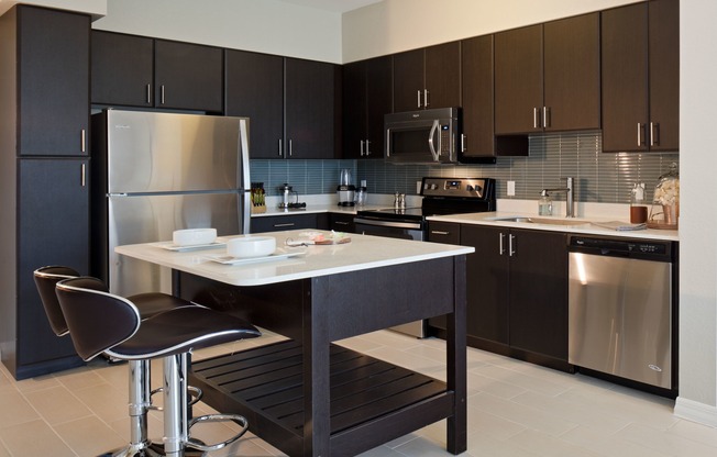 Modern kitchens with stainless steel appliances, tile backsplashes and moveable islands