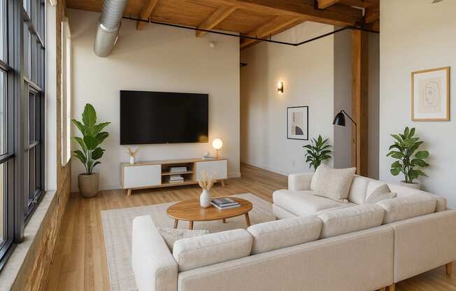 A living room with a large couch, a coffee table, and a flat-screen TV mounted on the wall.