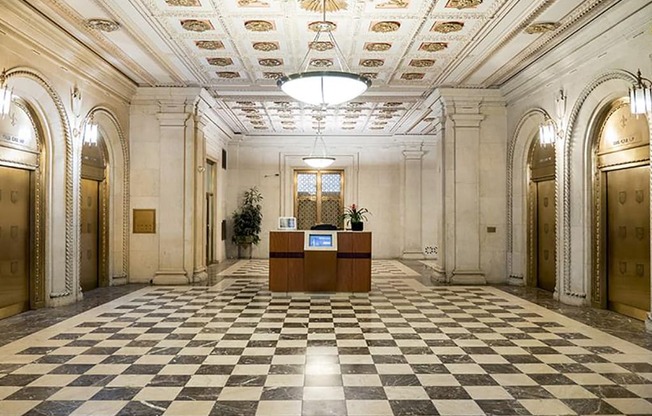Ornate Marble Lobby with Tiffany Elevators  at Residences at Leader, Cleveland, OH, 44114