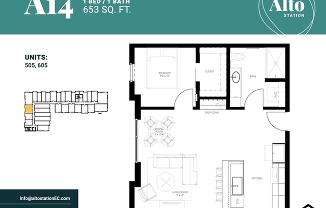 1 bed, 1 bath, 653 sqft, $1,400, Unit 505