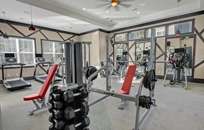 Fitness Center. Free weights, big mirrors, work out stations. at York Woods at Lake Murray Apartment Homes, South Carolina, 29212