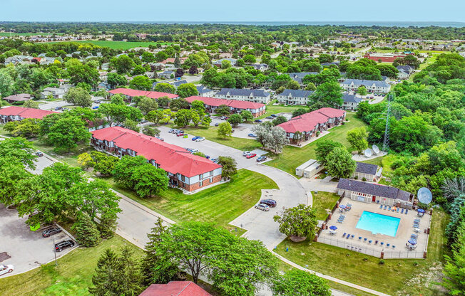 Aerial View of Community and Pool at Wood Creek Apartments, Kenosha