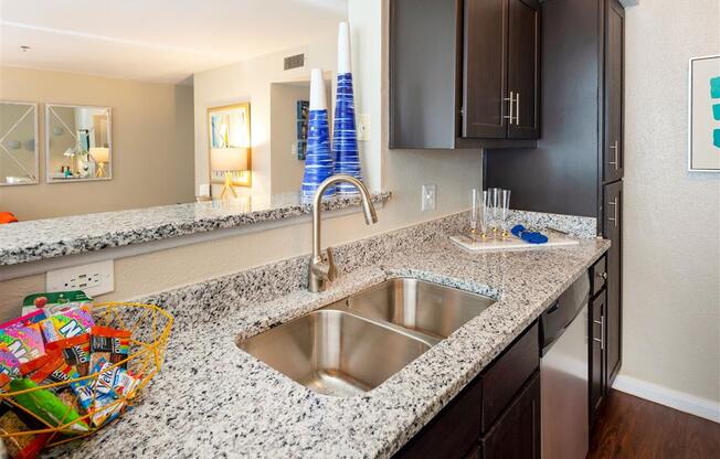 a kitchen with a sink and a counter top