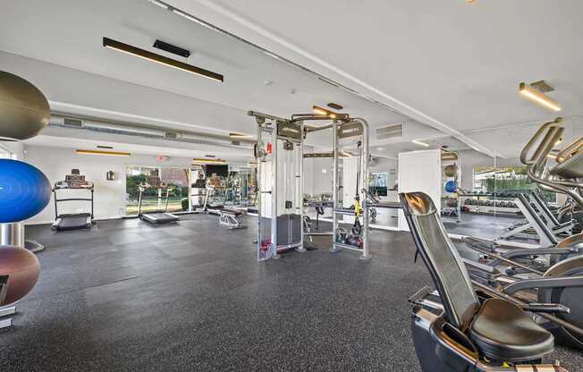 a gym with weights and cardio equipment in a building