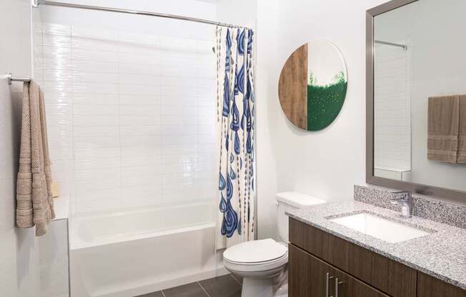 a bathroom with a shower toilet and sink and a mirror
