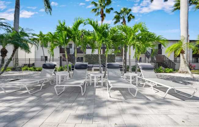 a patio with white chairs and palm trees